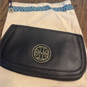 Tory Burch Black Pebbled Leather Bag with Gold Emblem